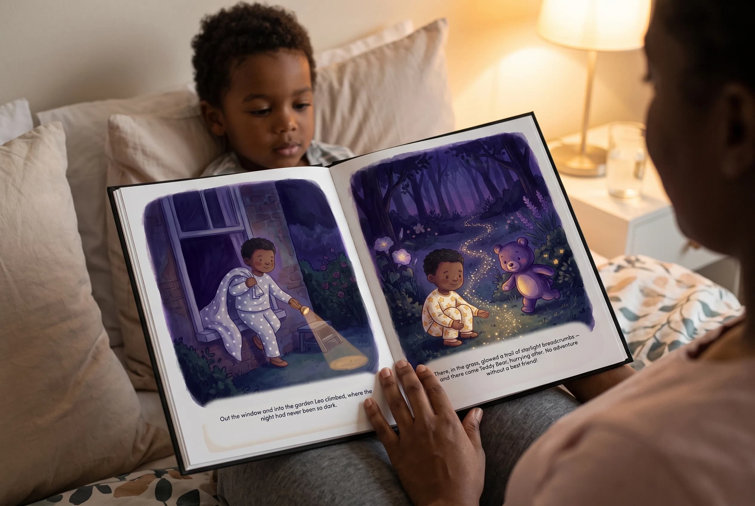A parent and child reading a personalized Made of Tales story together