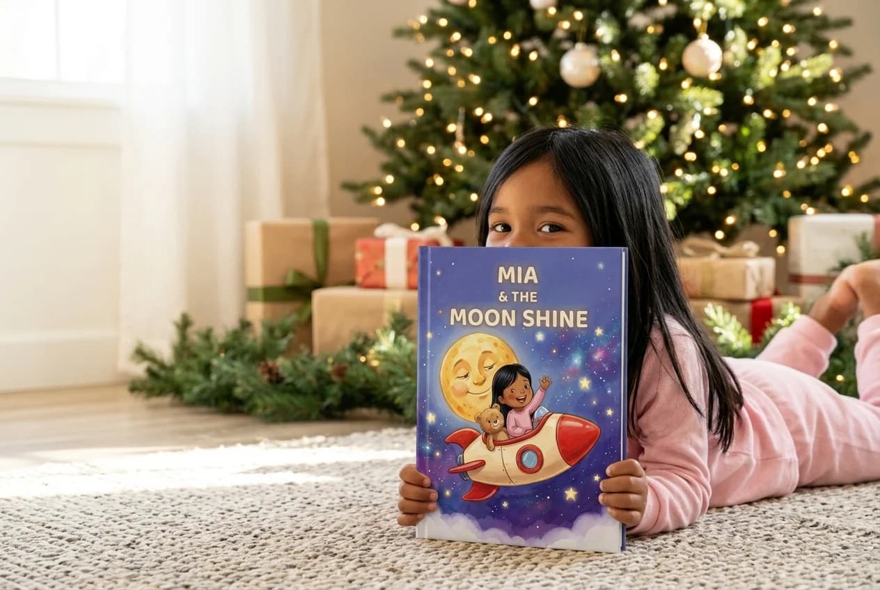 A little girl in pink pyjamas lying on a rug in front of a lit Christmas tree, holding up her personalized hardcover, Mia & the Moon Shine