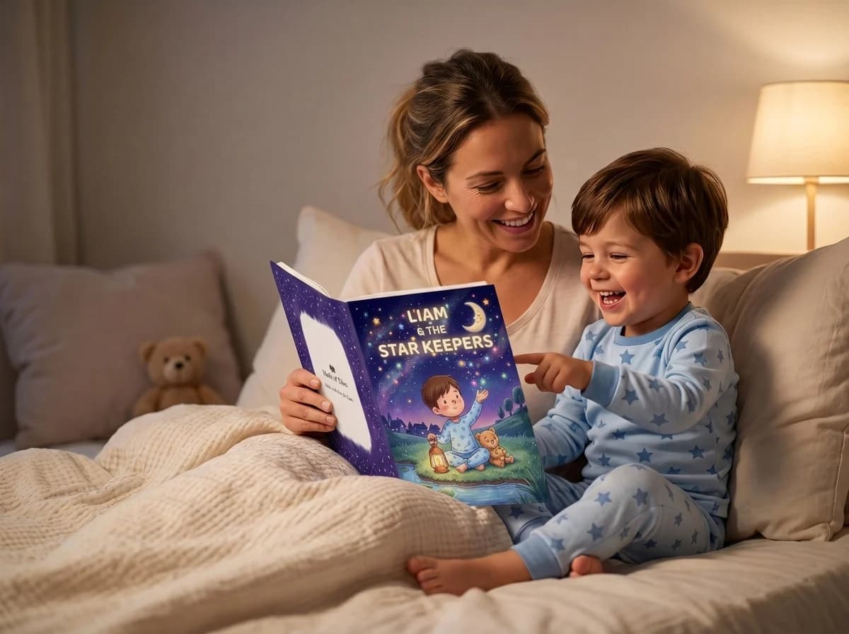 A mother and her young son laughing together in bed over his personalized storybook, The Star Keepers